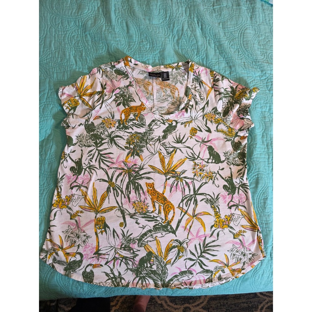 Rachel Zoe Womens 1X Tropical Jungle Leopard Print Cotton V-Neck T-Shirt White